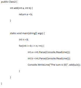 C# code that requests numbers from the client. Then adds those numbers and displays the result.