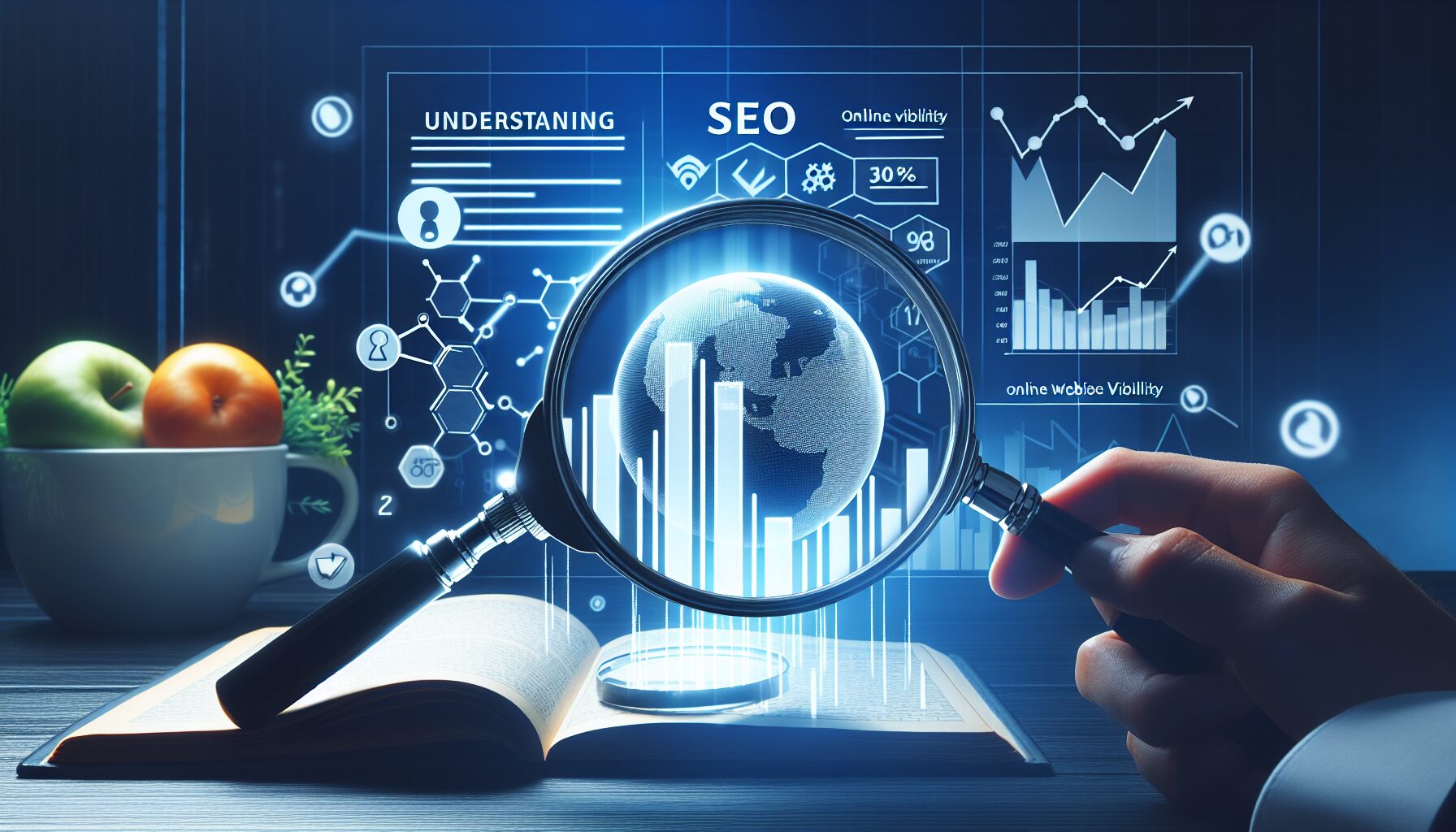 A magnifying glass examining various aspects of SEO.