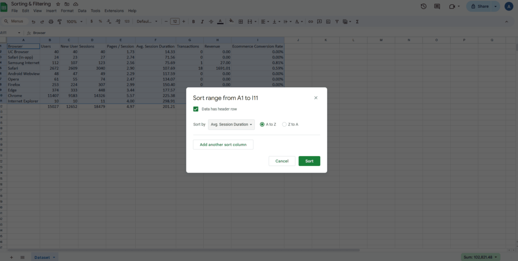 Sorting data in Microsoft Excel 