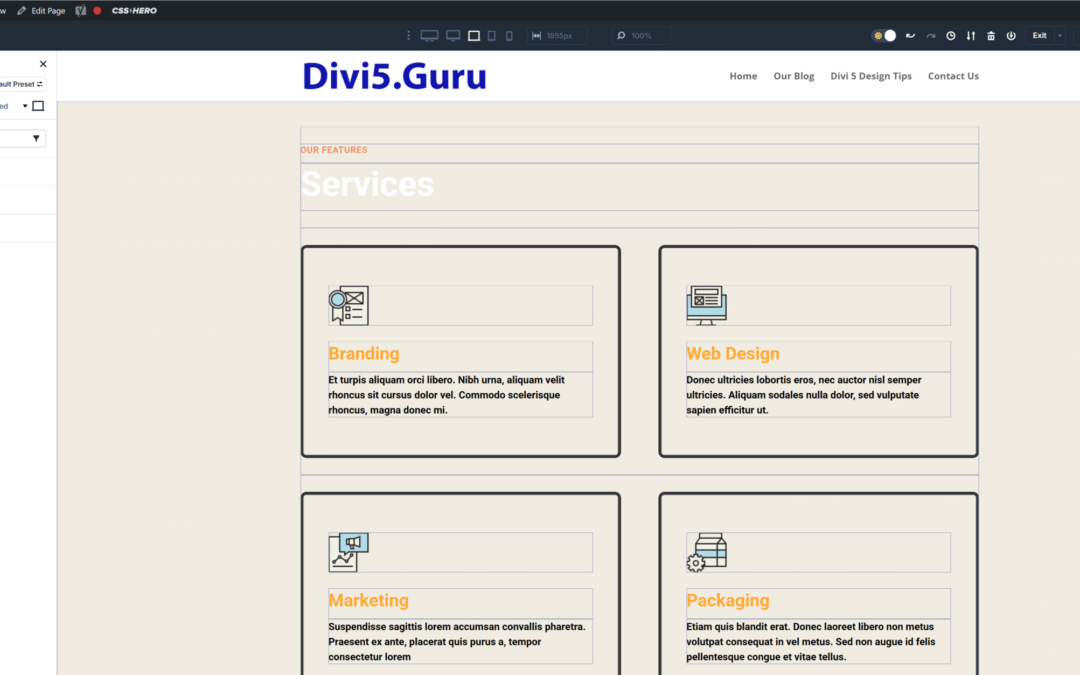 The page, row or section settings are dockable on the left or right side of the screen.