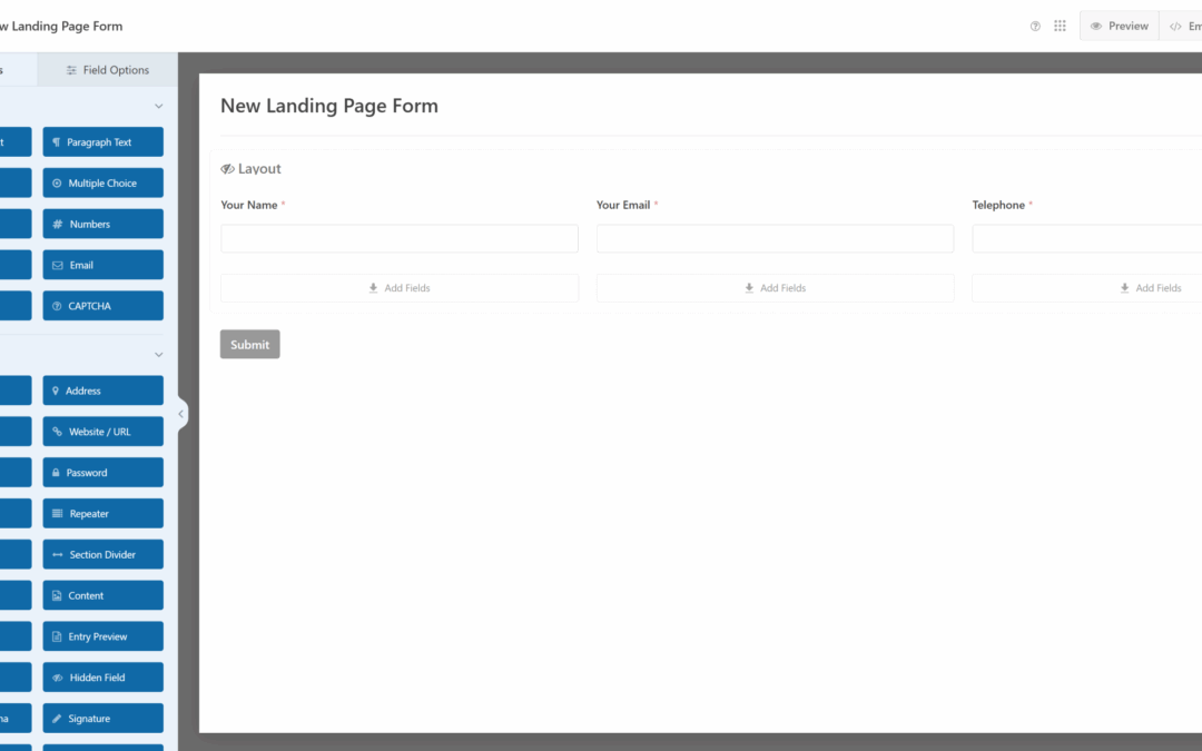 The editor for a form in WP-Forms. Notice the customization options.