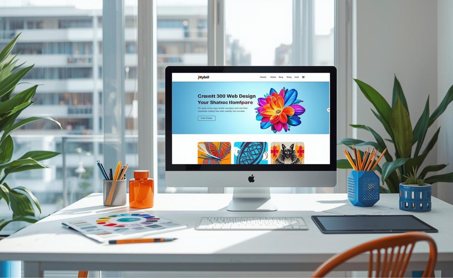 OC web design workspace with a modern computer displaying a colorful, high-performing website layout surrounded by creative tools and plants.