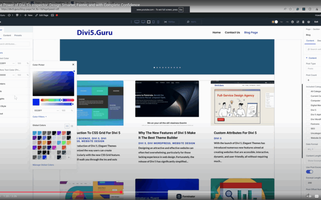 Inspector feature interface in Divi 5 showing detailed design and layout controls.