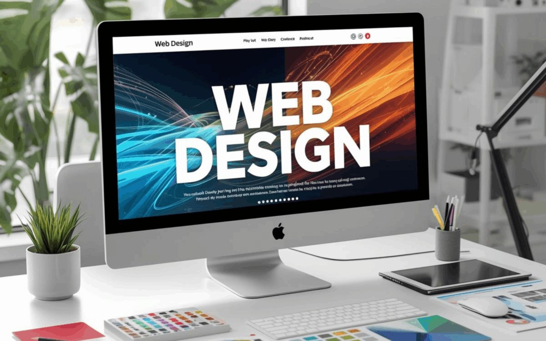 OC Web Design workspace showcasing a computer screen with “Web Design” displayed on a bold, colorful background, surrounded by design tools and digital devices in a bright modern office, representing high-converting website design focused on user engagement and results.